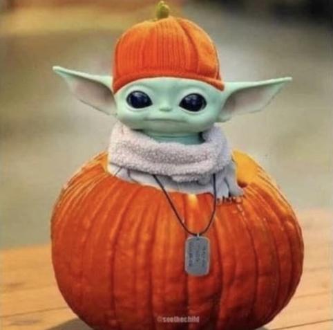Baby Yoda doll sitting in a pumpkin, wearing a pumpkin beanie